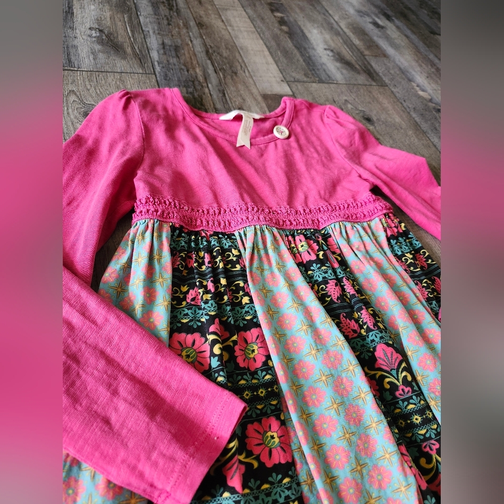 Matilda Jane Girls Size 2 Pink Boho Dress  Handkerchief Hem Floral Long Sleeve